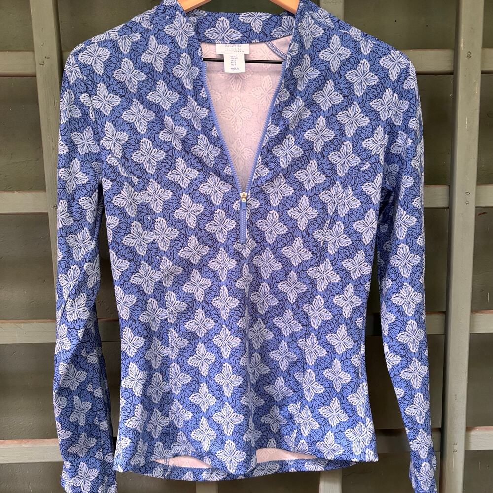 Sigrid Olsen Interlock Zip Neck Shirt Long Sleeve UPF 50 Blue Golf/ Tennis Small